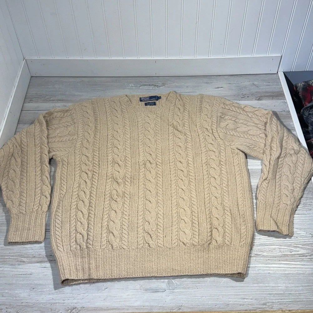 VTG Polo Ralph Lauren Fisherman Hand Knit Camel Hair Cashmere‎ Long Sleeve XL